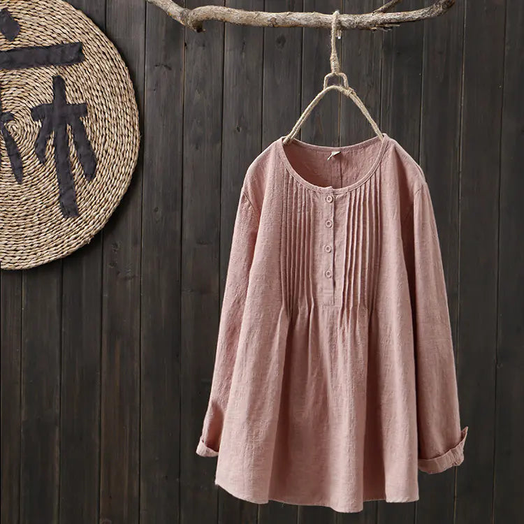 Vintage Style Solid Cotton Linen Top - Pink 3XL - shirt