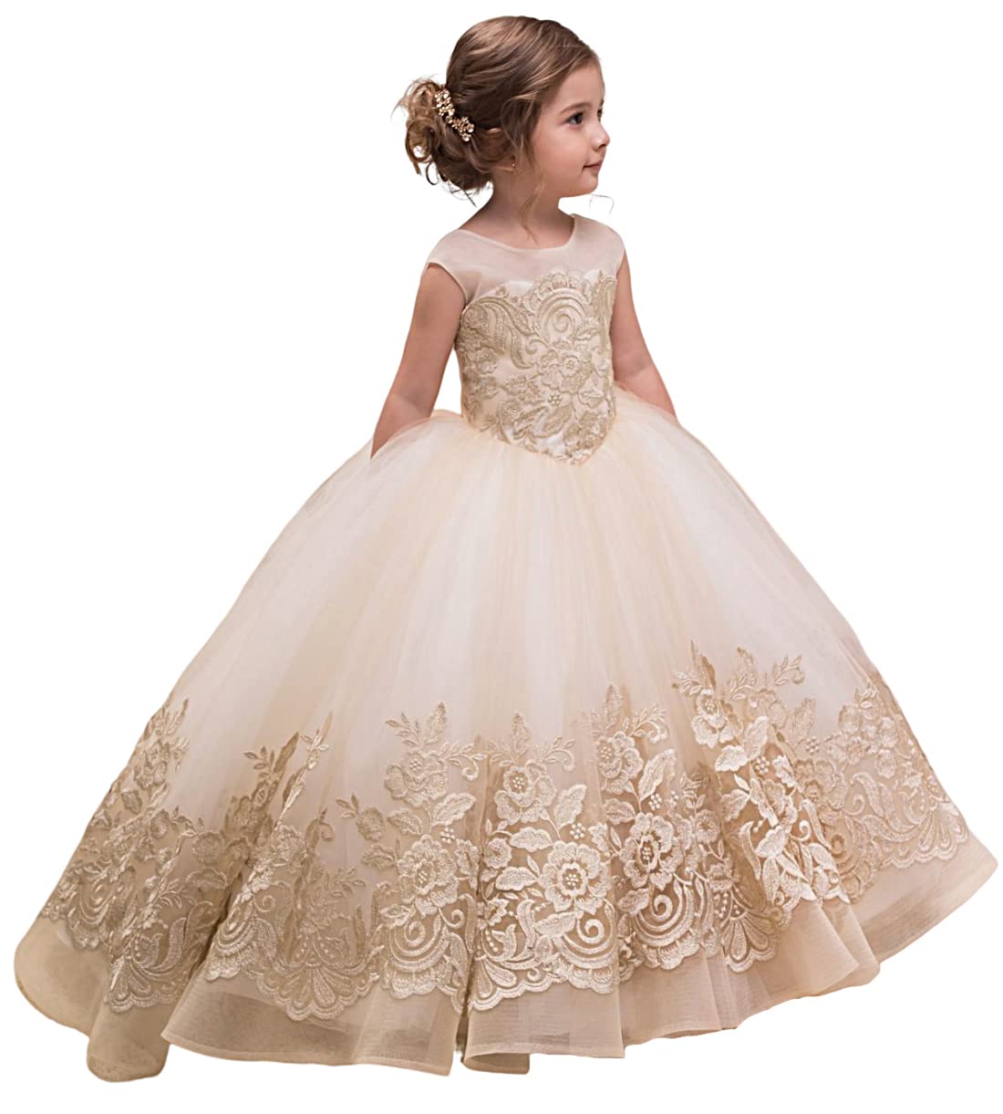 Champagne Princess Ball Gown by Uzqast - Tulle Flower Girl Dress with Bow - - dress