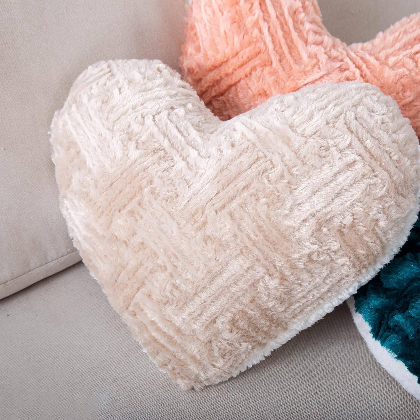 DaDa Bedding Heart Pillows Decorative Throw Pillows - Neutral Champagne Beige Heart Shaped Throw Toss Lap Fluffy Faux Fur Sherpa Pillows (16x14)- DaDalogy Bedding Collection- {{Product type}}