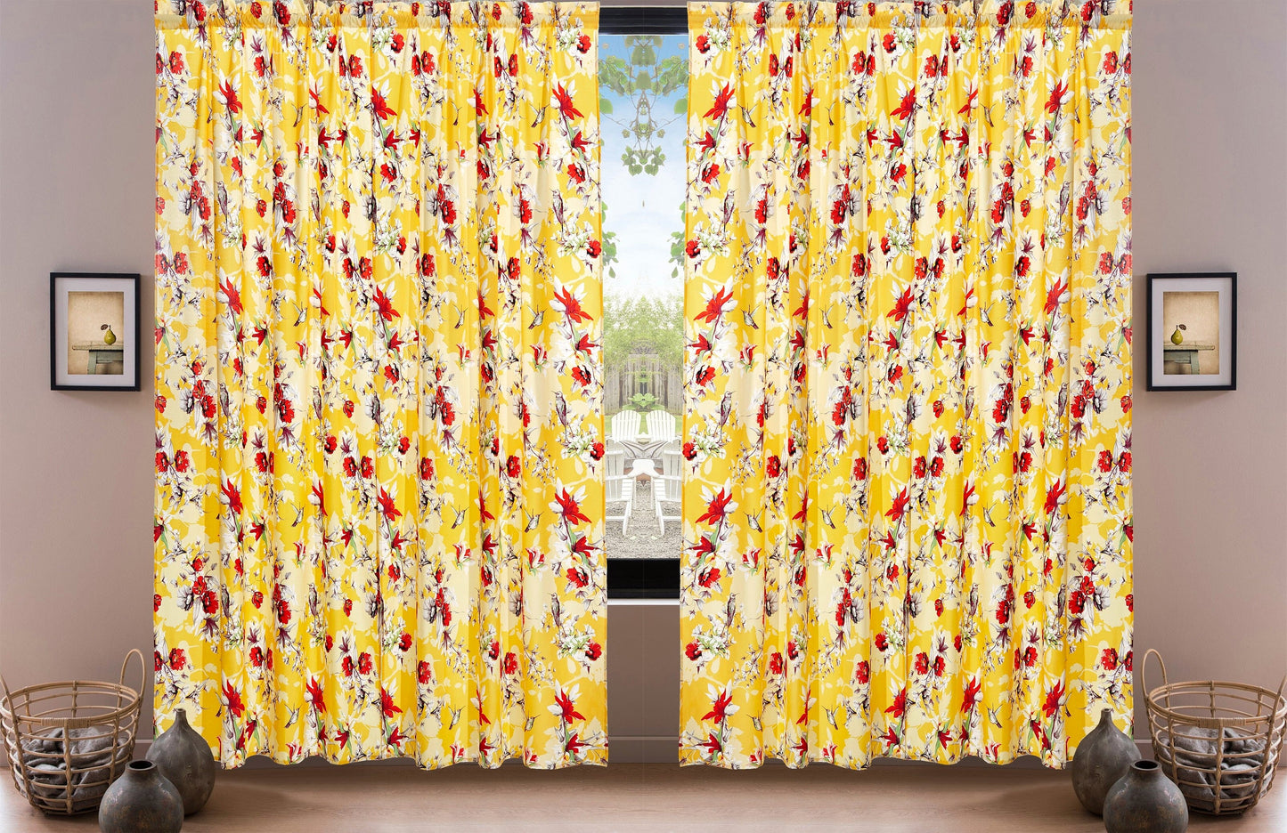 DaDa Bedding Set of 2 Radiant Sunshine Yellow Floral Window Curtain Panels - Natural Semi Sheer - - Curtains