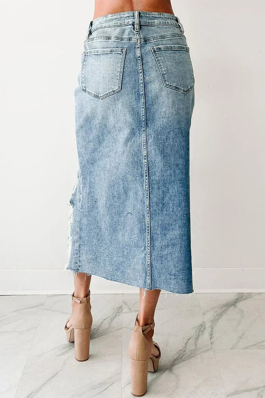 Myosotis Irregular Distressed Hem Denim Midi Skirt - Femstylo - - Skirts