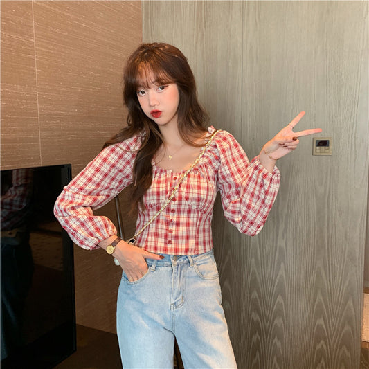 Fall Off-Shoulder Checkered Top - Red XXL - Women's Fashion - Women's Clothing - Tops & Tees