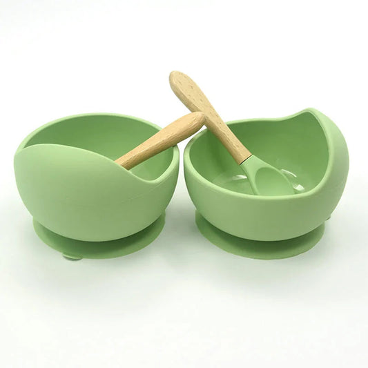 Baby Silicone Feeding Set with Wooden Handle Spoon