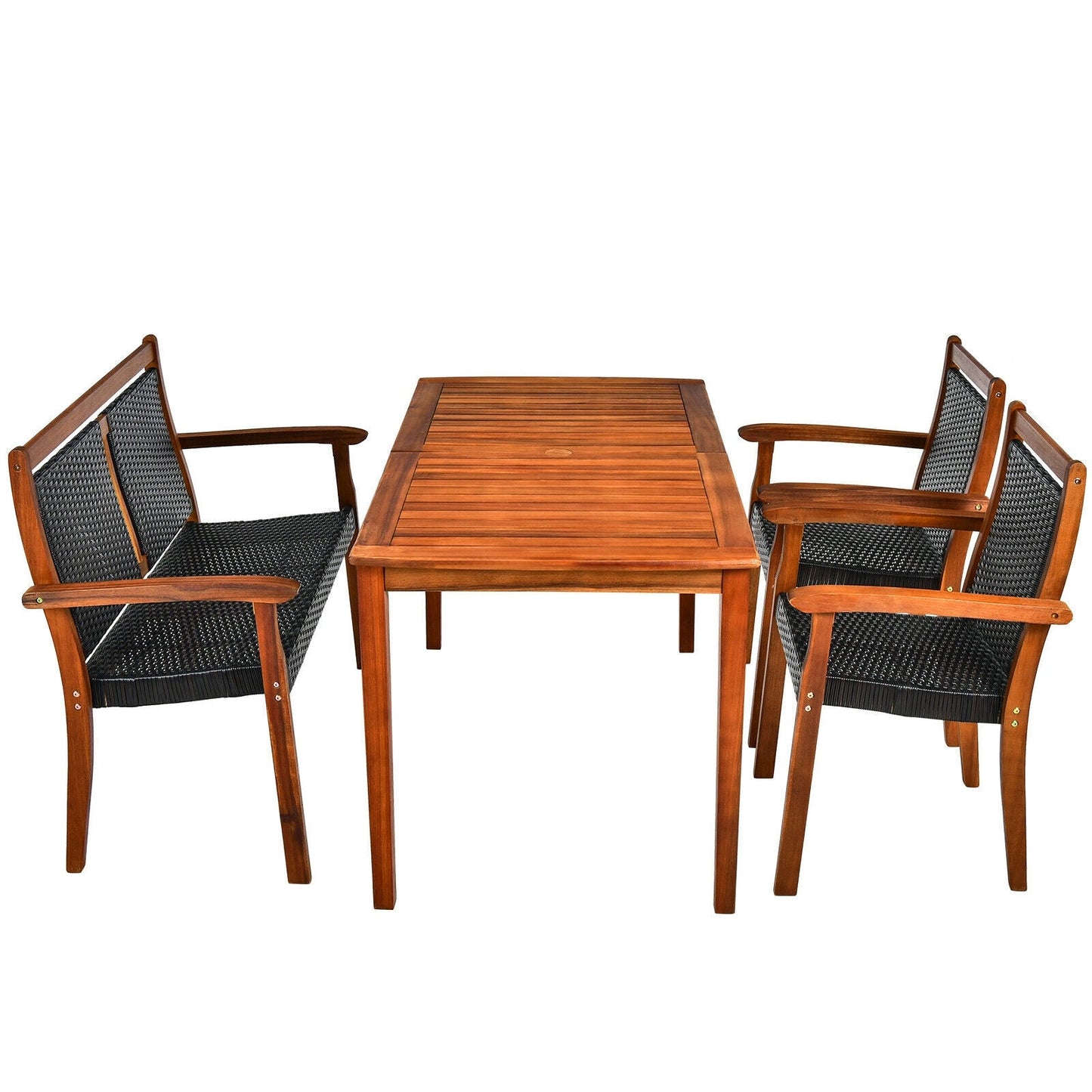 4 Pieces Acacia Wood Patio Rattan Dining Furniture Set - - patio set