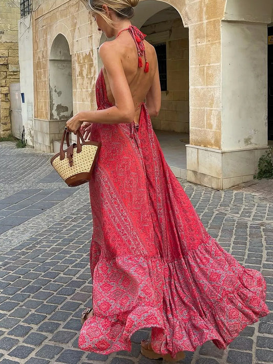 Tiered Halter Neck Maxi Dress - -