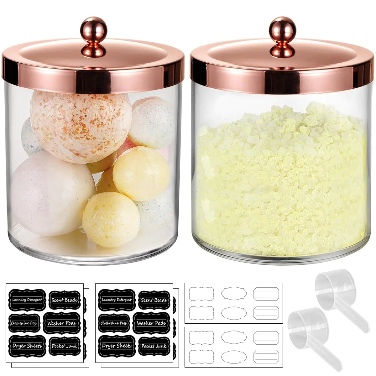 2 Pack 50 Oz Large Rose gold Apothecary Jar Plastic Storage Jar with Spoon and Labels - Kia Day Design