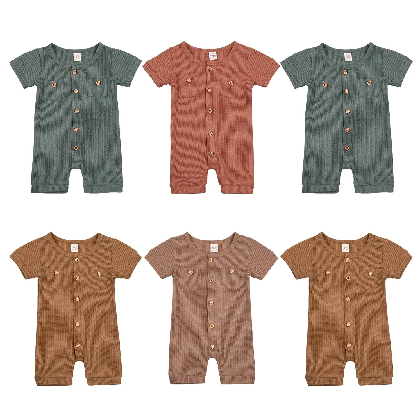 Solid Color Short Sleeve Round Neck Button Baby Playsuit Kia Day Design