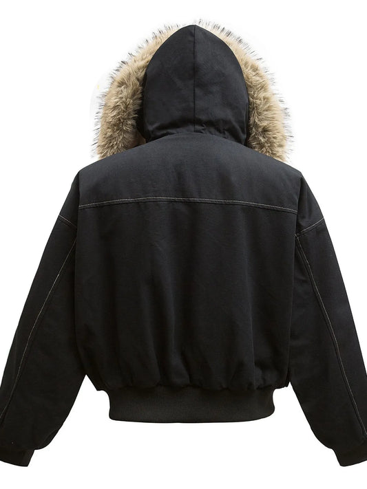 Men's Faux Fur Hooded Zip Up Jacket - -