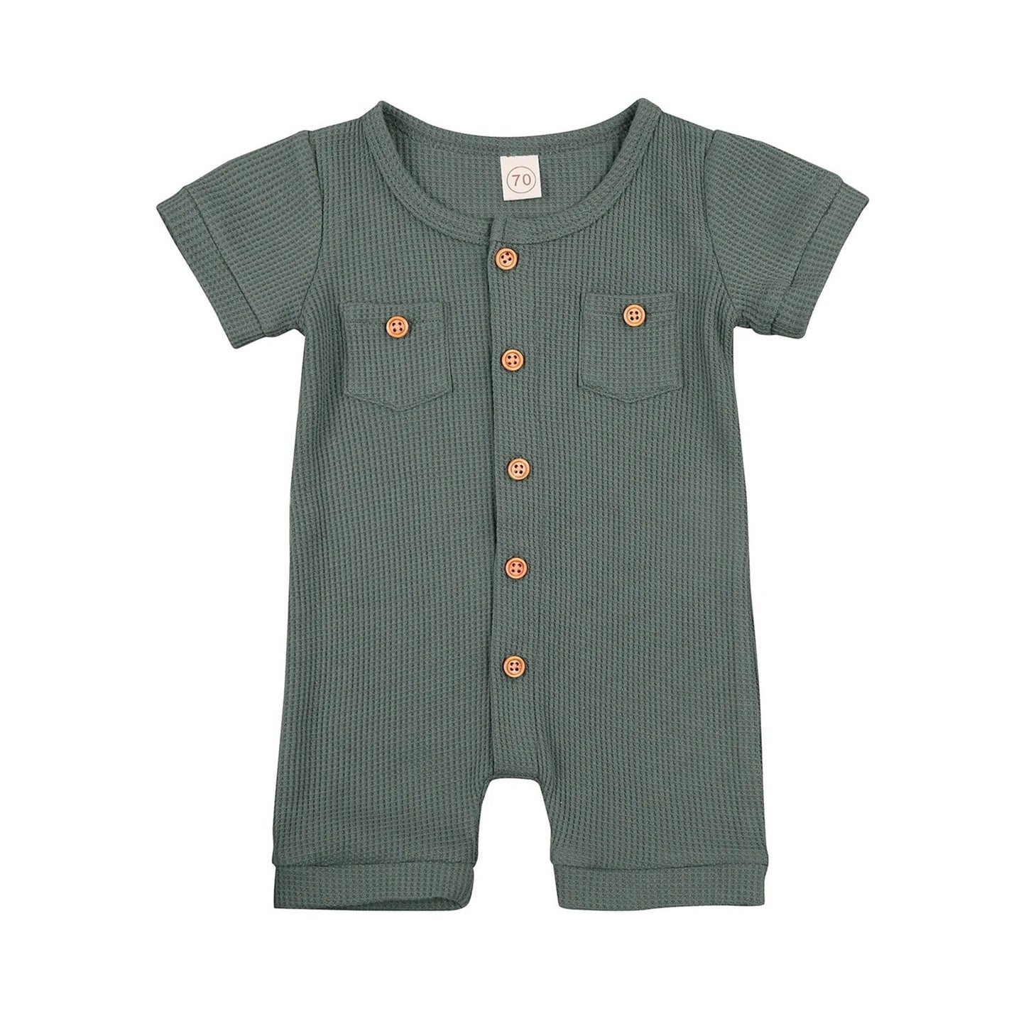 Solid Color Short Sleeve Round Neck Button Baby Playsuit Kia Day Design