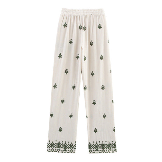 Green Elastic Waist Tied Embroidered Wide Leg Pants - - pants