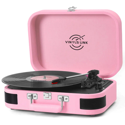 Pink 3 Speed Bluetooth Turntable Belt Drive LP Play Portable Suitcase Record Player - Kia Day Design