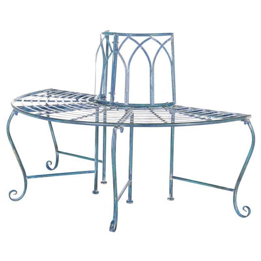 Half-Circle Outdoor Patio Garden Antique Blue Wrought Iron Tree Bench - - Outdoor > Outdoor Furniture > Garden Benches