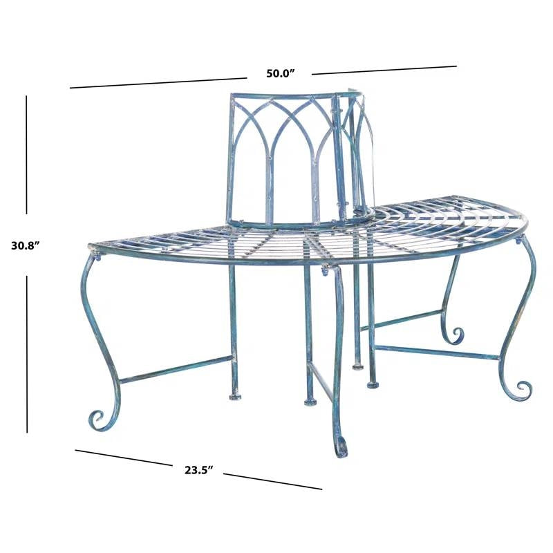 Half-Circle Outdoor Patio Garden Antique Blue Wrought Iron Tree Bench - - Outdoor > Outdoor Furniture > Garden Benches