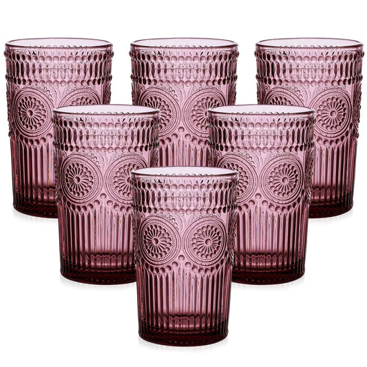 ZMOWIPDL Vintage Glassware Drinking Glasses Set of 613 oz Purple Textured Flower Design Glass Water Tumblers,Embossed Striped Drinkware for WaterCocktailsJuiceIced Coffee Kia Day Design