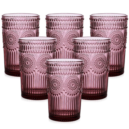 Set of 6 Purple Embossed Flower Striped Textured Drinkware - - drinkware
