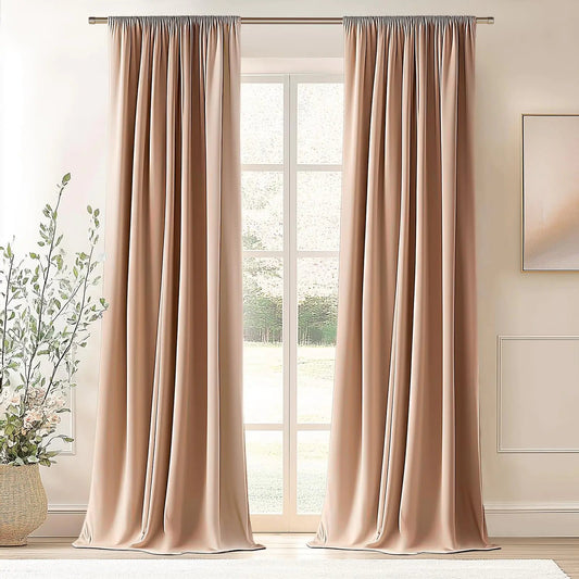 Blush Beige Velvet Blackout 2 Panels Tab Top Curtains 52" X 92" - Kia Day Design