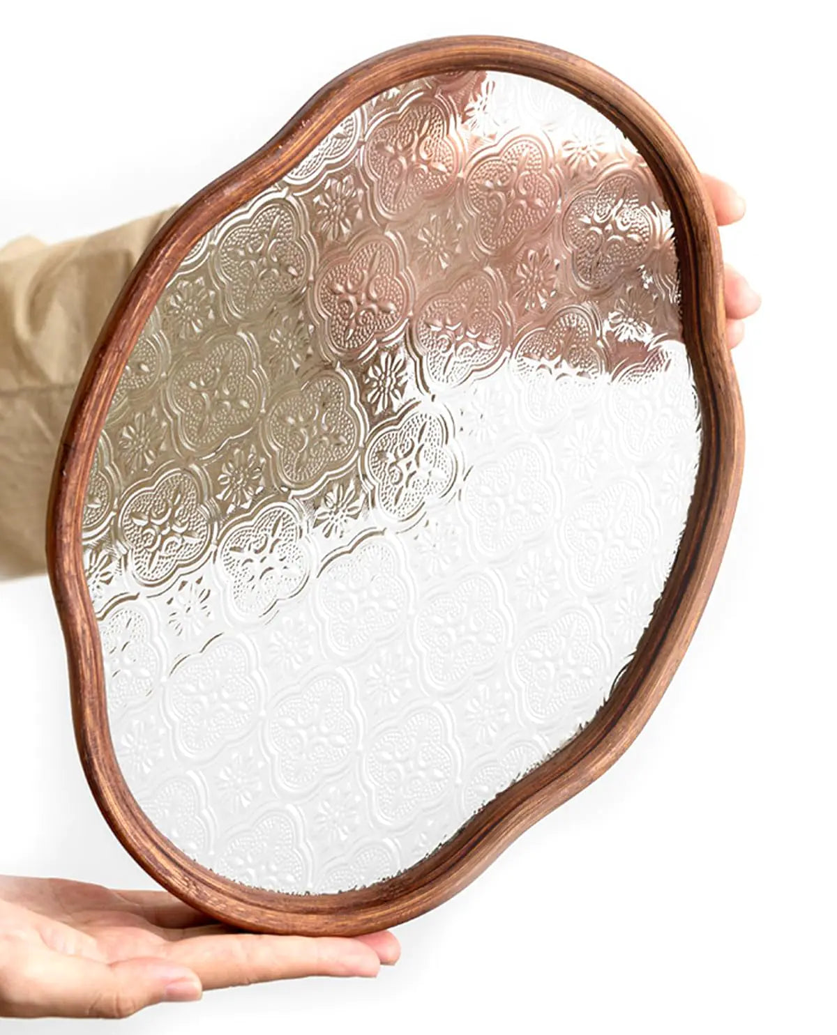 IwaiLoft Glass Serving Tray with The Crabapple Pattern Wood Edge Decorative Tray - - tray