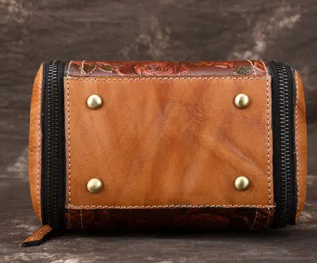 Vintage Genuine Leather Handbag with Floral Design - - handbag