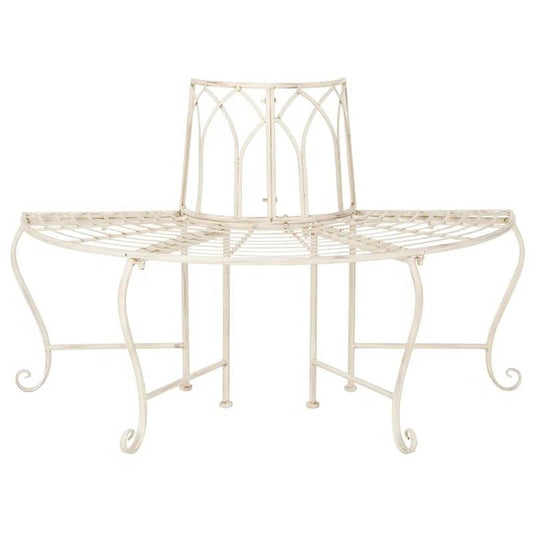 Half-Circle Outdoor Patio Garden Antique White Wrought Iron Tree Bench - - Outdoor > Outdoor Furniture > Garden Benches