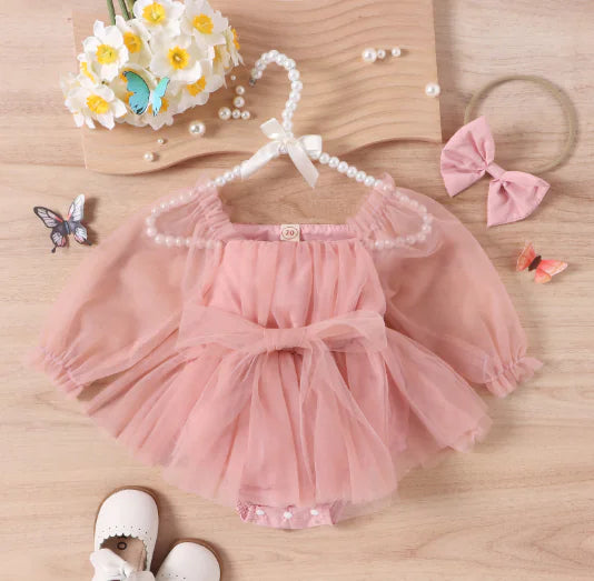 Long Sleeve Baby Party Dress dark pink