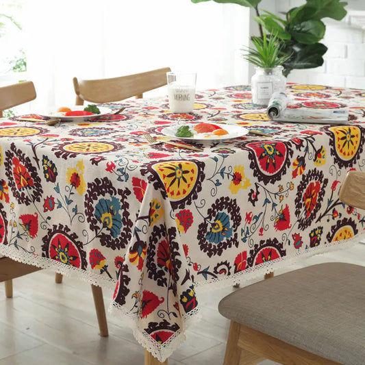 Sunflower Cotton Linen Tablecloth with Vintage Lace - Kia Day Design
