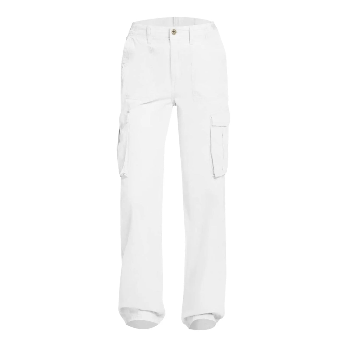 Adjustable Cargo Pants Women Straight Fit Baggy Wide Leg High Waist Pants Pockets Retro Street Style Casual Trousers - WHITE -
