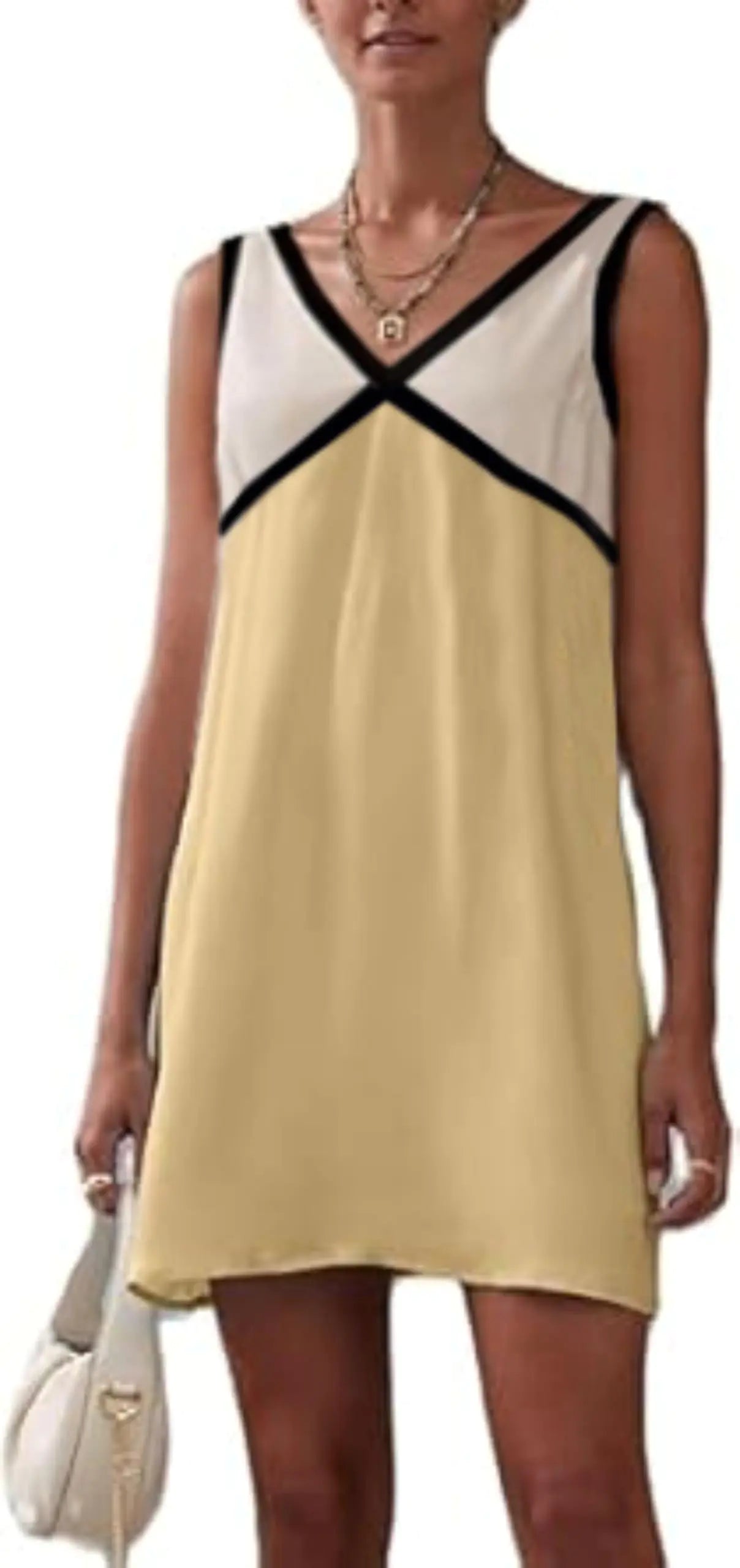 Yellow Satin Summer Sleeveless Maxi Dress V Neck Color Block Dress - - dress