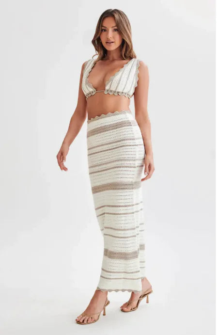 Knitted Two Piece Set - Khaki L - skirt set