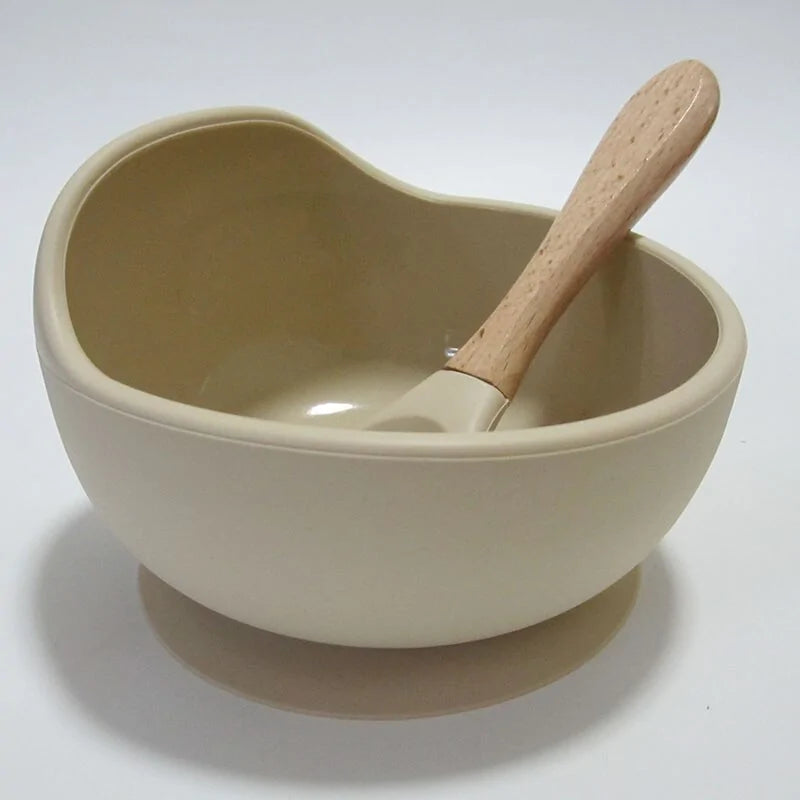 Baby Silicone Feeding Set with Wooden Handle Spoon light beige