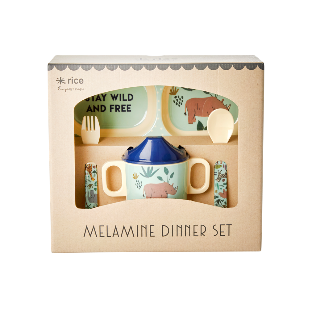 Melamine Baby Dinner Set in Gift Box - Blue Jungle Animals Print - 4 pcs. - - Sets