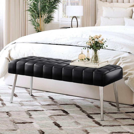 Mid-Century Modern Bench with Black PU Leather Seat and Tapered Legs - - Bedroom > Bedroom Benches