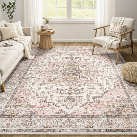 Pink Vintage Washable Area Rug Non Slip Low Pile Carpet - Kia Day Design