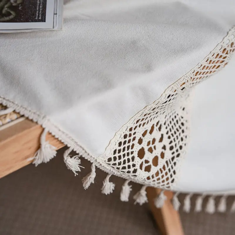 Tassel Beige Linen Curtain with Crochet Panel - - curtains