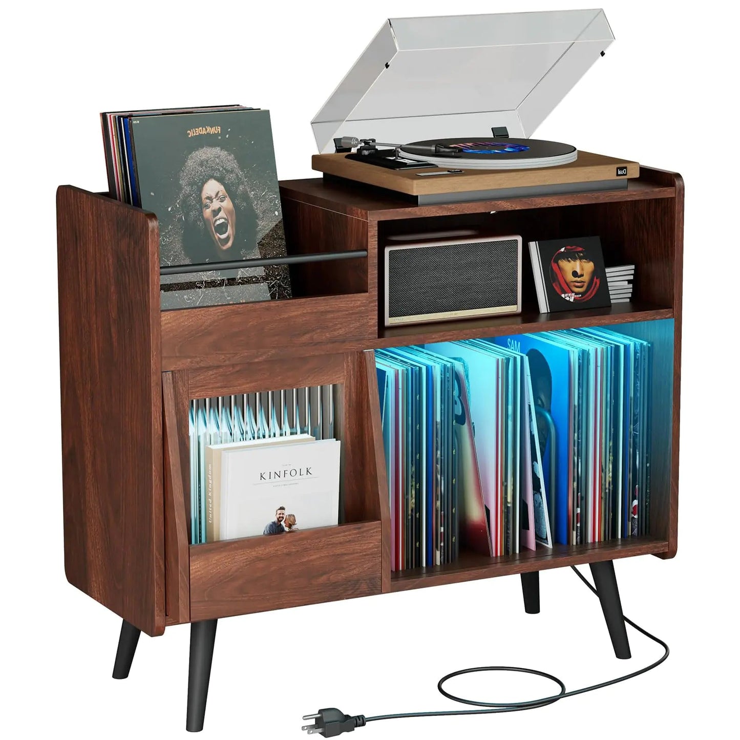 Large Record Player Stand 350 Vinyl Record Storage with Power Outlet and LED Light - Kia Day Design