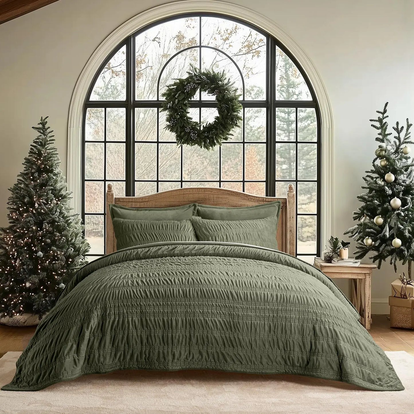 EVERGRACE Velvet Quilt King Size Luxury Velvet Bedding Set Ultra Soft Quilt Sets Lightweight Velvet Comforter Textured Ruched Velvet Bedspread Coverlet with 2 Shams for All Season Olive Green Kia Day Design