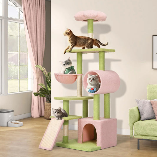 YITAHOME Pink and Green Tall Flower Cat Tree Tower with Detachable Perch - Pink and Green 65 IN - cat tree
