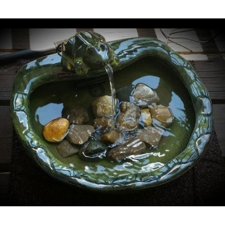 Green Glazed Ceramic Fountain Bird Bath with Frog and Solar Pump- HomePacific- {{Product type}}