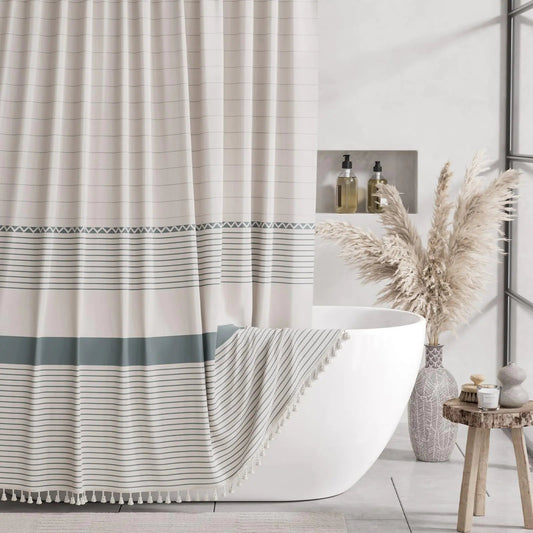 Beige Striped Shower Curtain with Tassels Linen Shower Curtain with Hooks - Kia Day Design