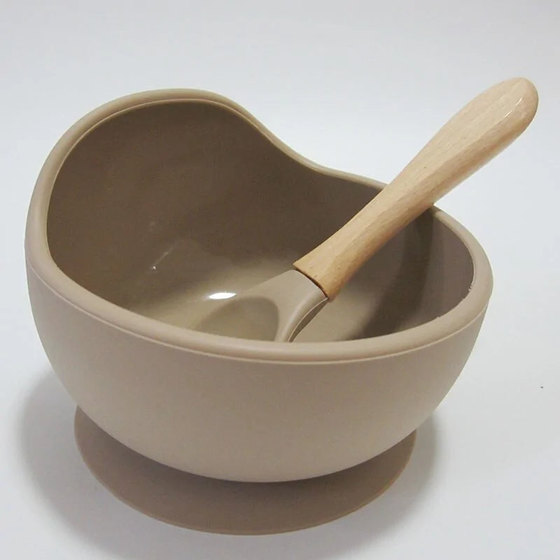 Baby Silicone Feeding Set with Wooden Handle Spoon Light beige