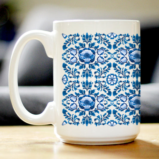 Delft Blue and White Coffee Mug Floral Dutch Pattern - 15oz - Coffee Mugs