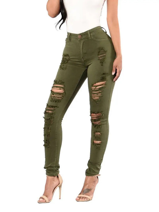 High-Rise Distressed Skinny Jeans in Burgundy & Olive Kia Day Design