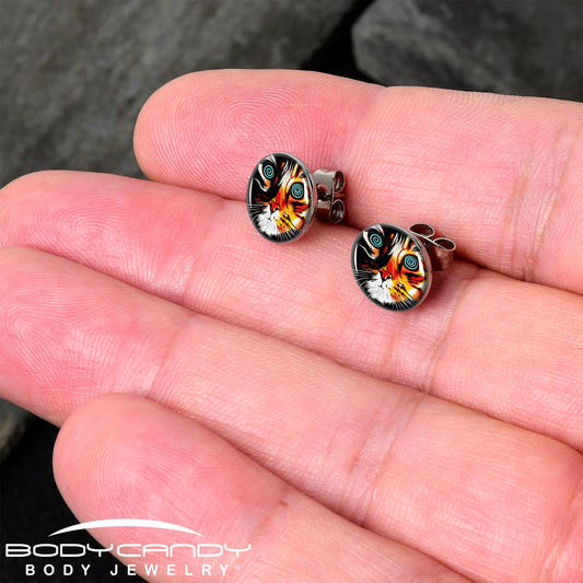 Colorful Trippy Cat Stud Earrings by Onyx O - - EARRINGS Stud