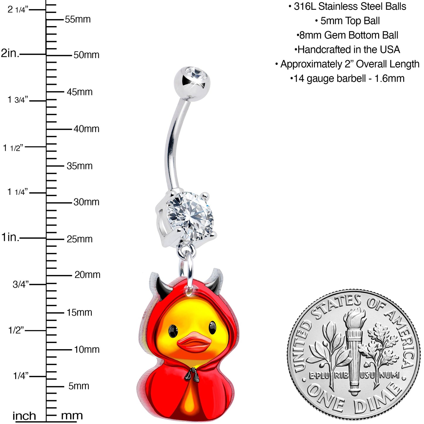 Clear Gem Hot Litle Devil Duck Dangle Belly Ring by Onyx O - - BELLY RING Dangle