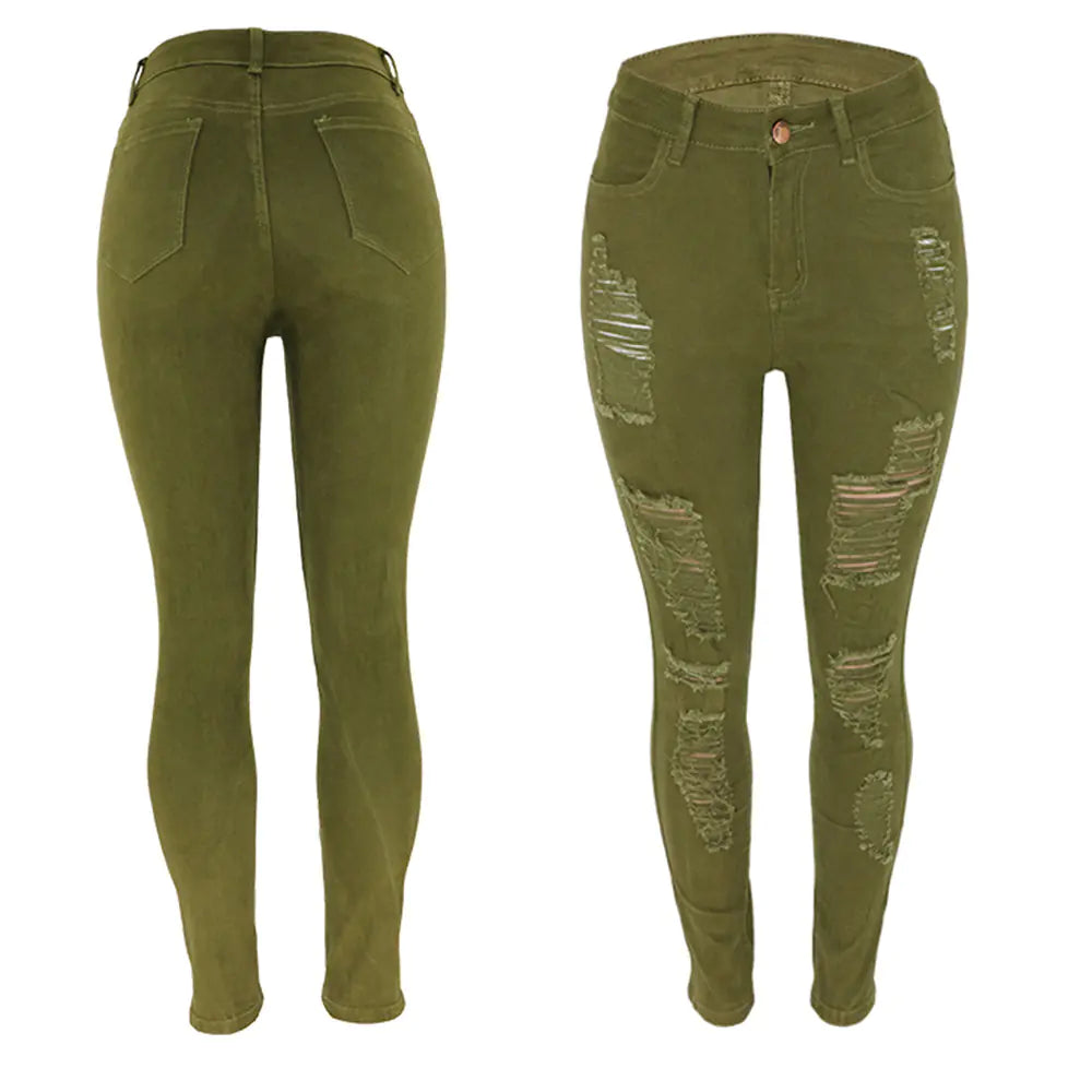 High-Rise Distressed Skinny Jeans in Burgundy & Olive Kia Day Design