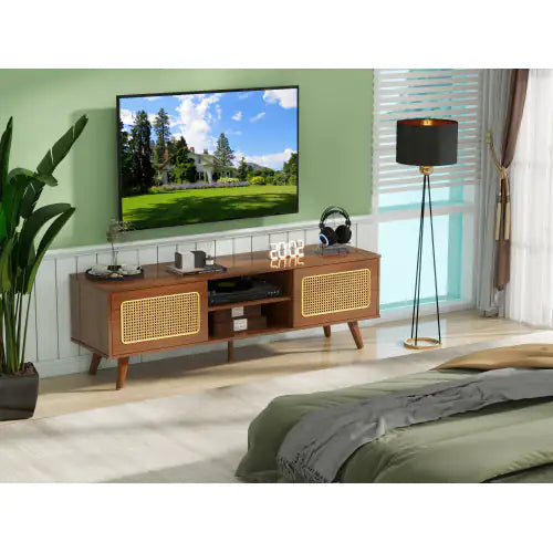Mid Century Modern Rattan TV Stand Entertainment Cabinet - Kia Day Design