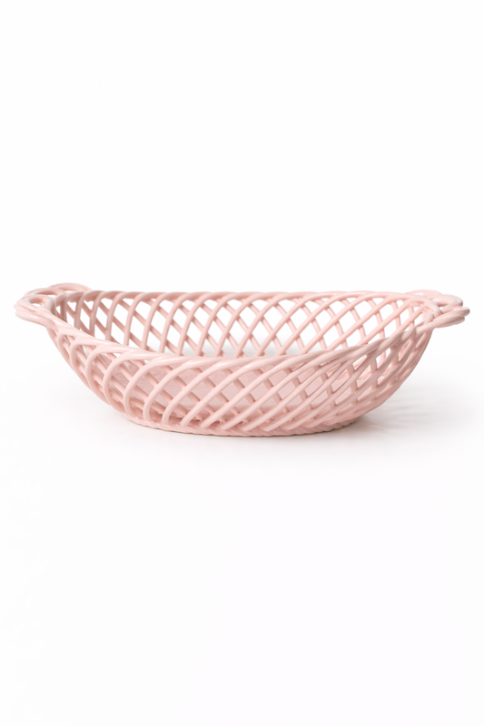 Oval Ceramic Basket – Hand-Woven Dish White, Beige & Pink Glazed Porcelain - Pink - Bowl