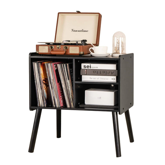 Black Record Player Stand Mid-Century with Storage Hold Up to 150 Albums - Kia Day Design