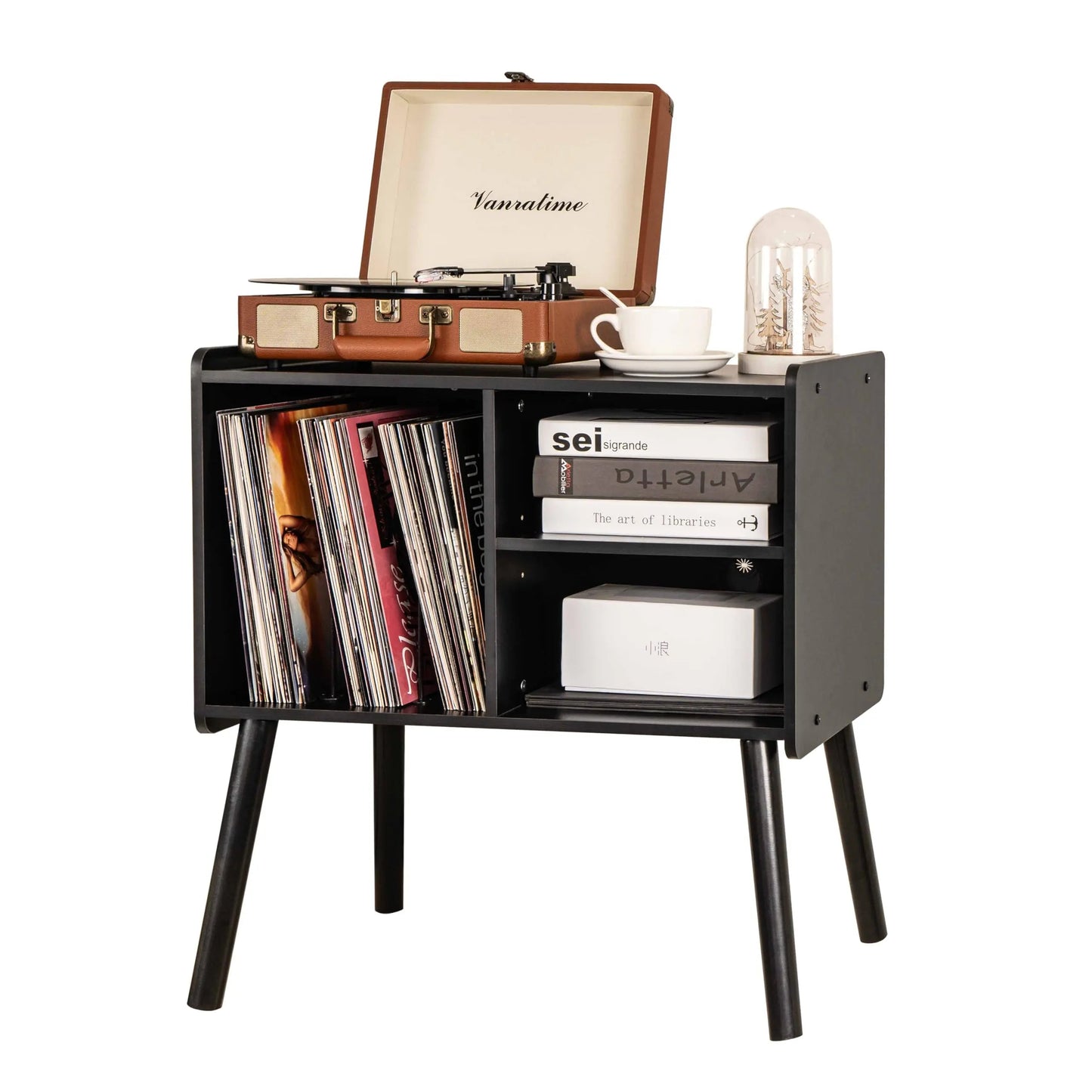 150 Album Black Mid-Century Record Player Stand - - cabinet