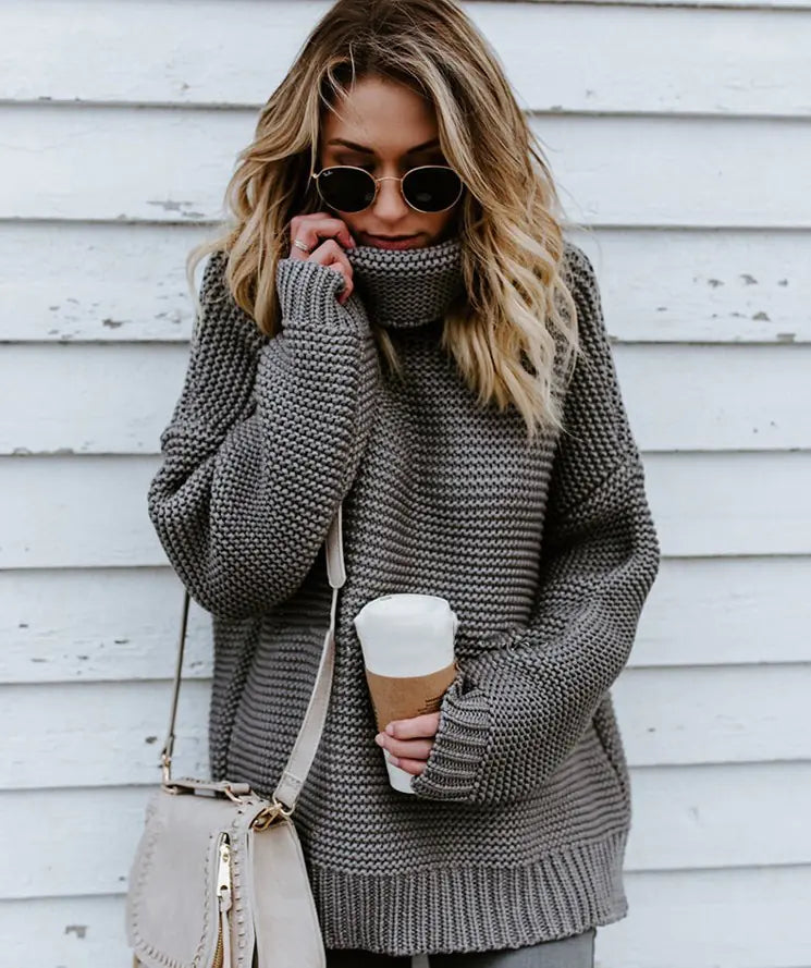 Womens Chunky Knit High Neck Sweater - Grey S - sweater
