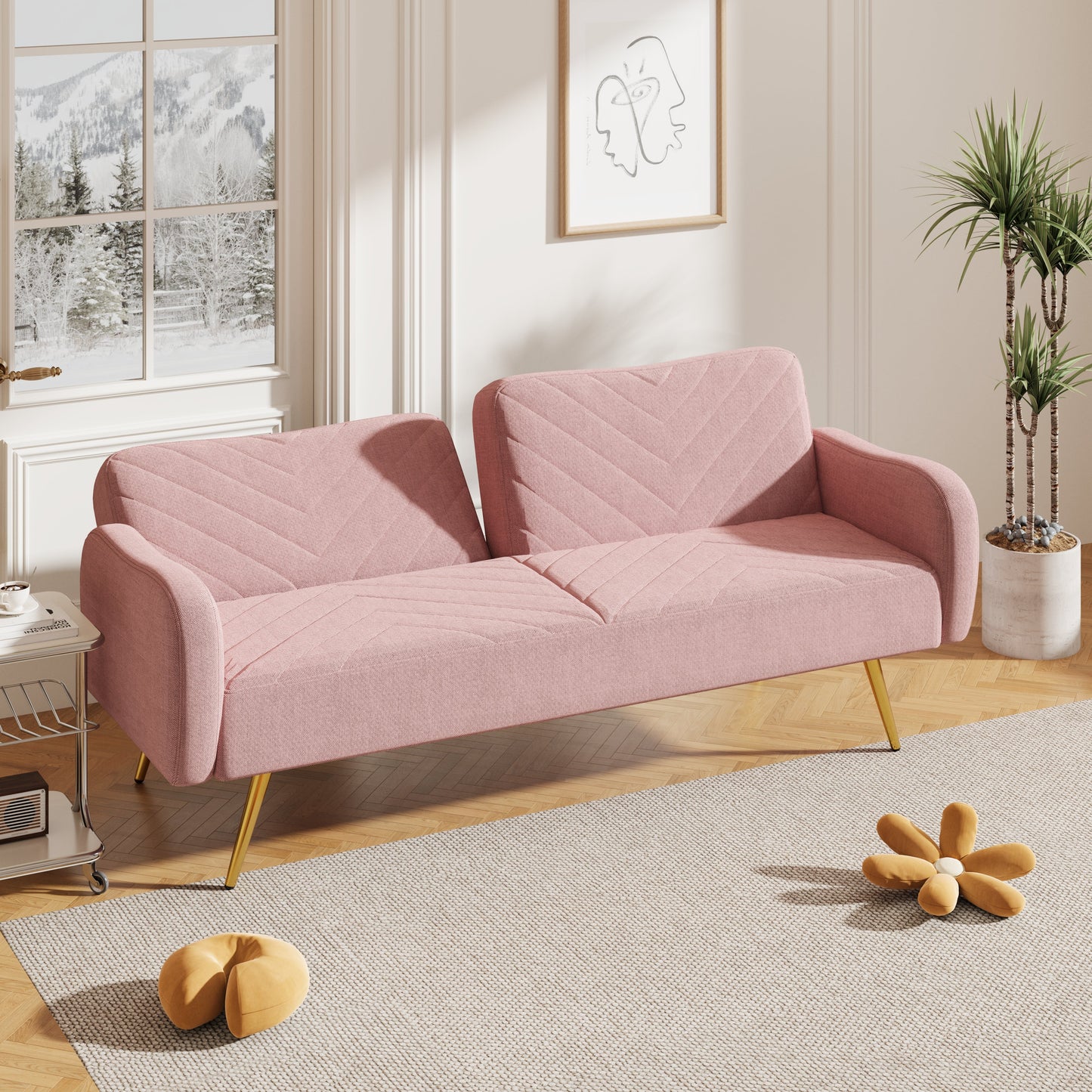 70.47" Pink Fabric Double Sofa with Split Backrest and Two Throw Pillows- V.I.P Digital Presence- {{Product type}}